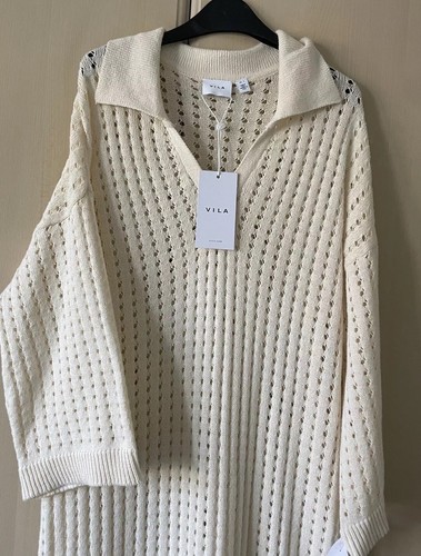 Vila Maxi Vestido Caftán Beige Relajado Tejido Abierto Talla L Playa - Imagen 8 de 18