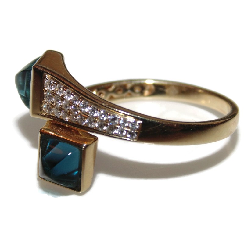 London Blue Topaz Pyramid Diamond Wrap Ring in 14k Yellow Gold size 7 MSRP 1950