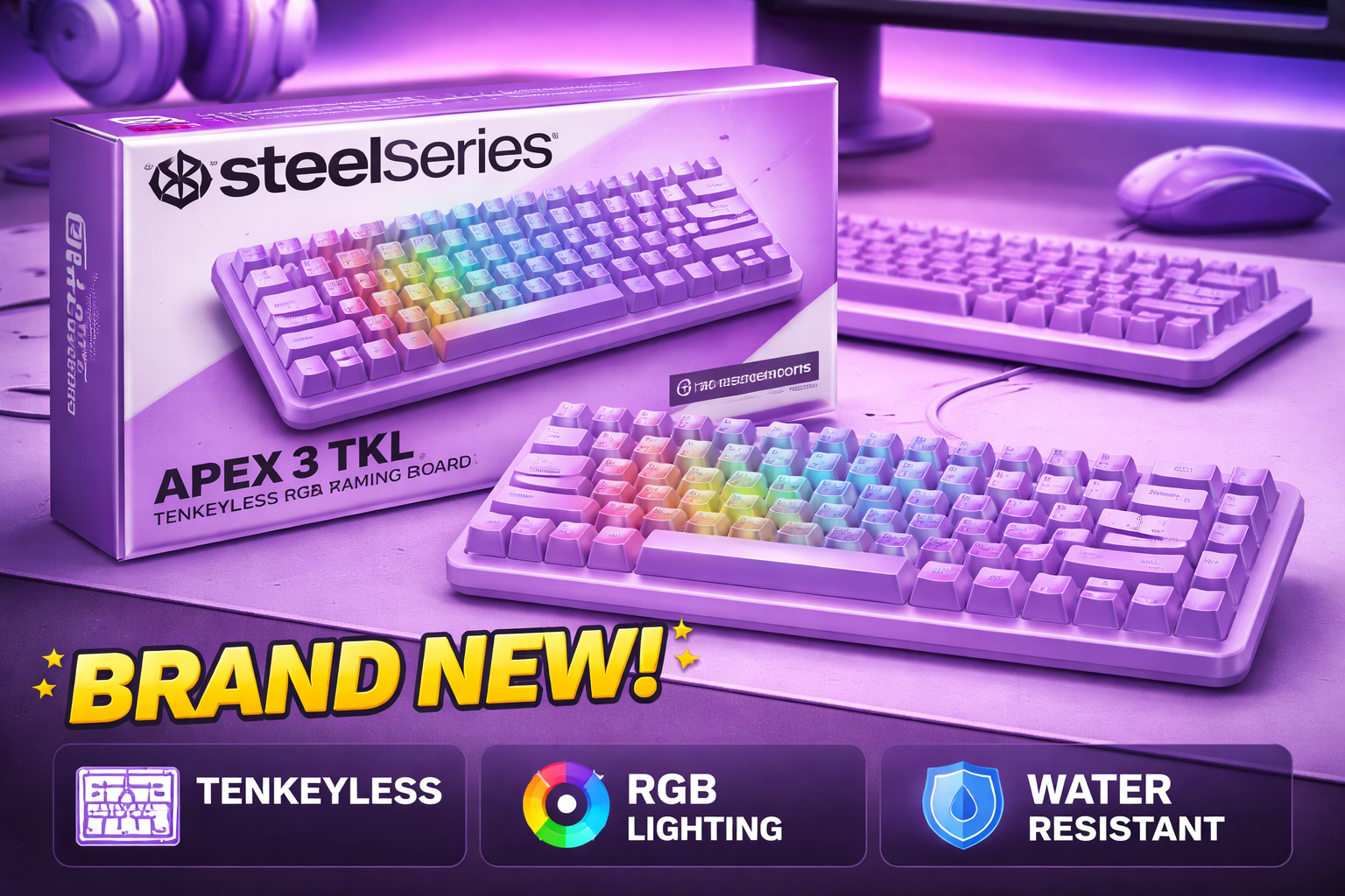 SteelSeries Apex 3 TKL - Gaming Keyboard - Tenkeyless Lavender, Lavender