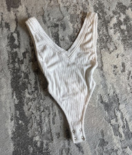 Oh Polly White Ribbed Sleeveless V-Neck Bodysuit Womens UK 8