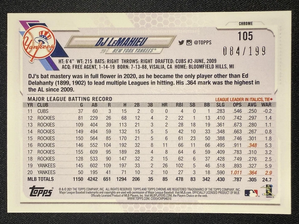 2021 Topps Chrome #105 DJ LeMahieu Aqua Wave Refractor #/199 - Image 2 of 2