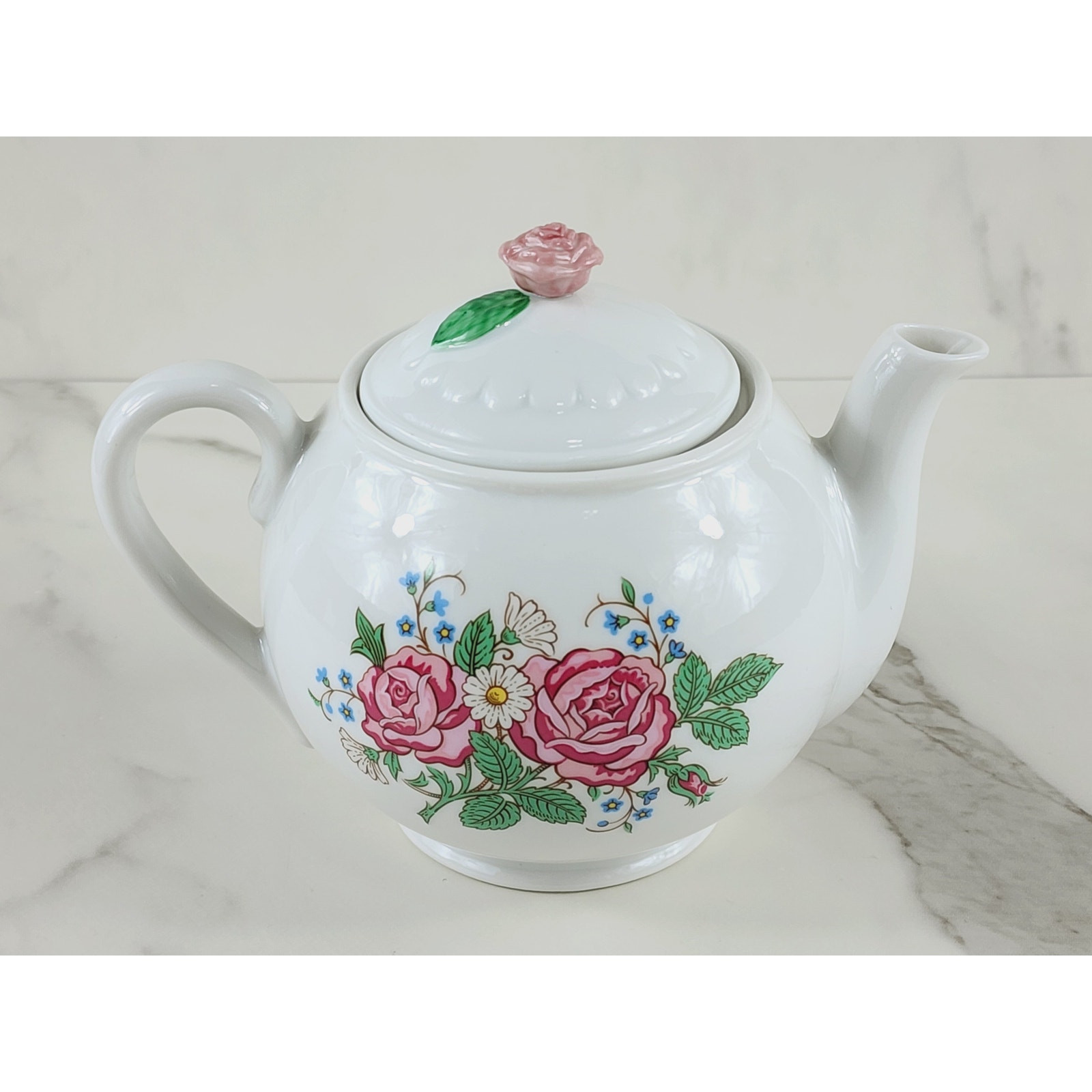 Hallmark Teapot w/ Lid Pink Rose Pattern White Porcelain 7" Dinnerware Vintage
