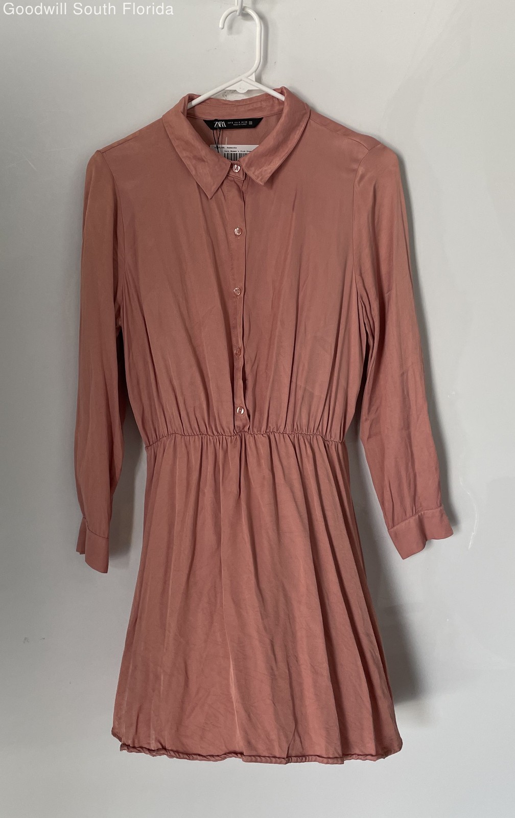Zara Womens Pink Long Sleeve Button Front Collared Shirt Dress Size Small