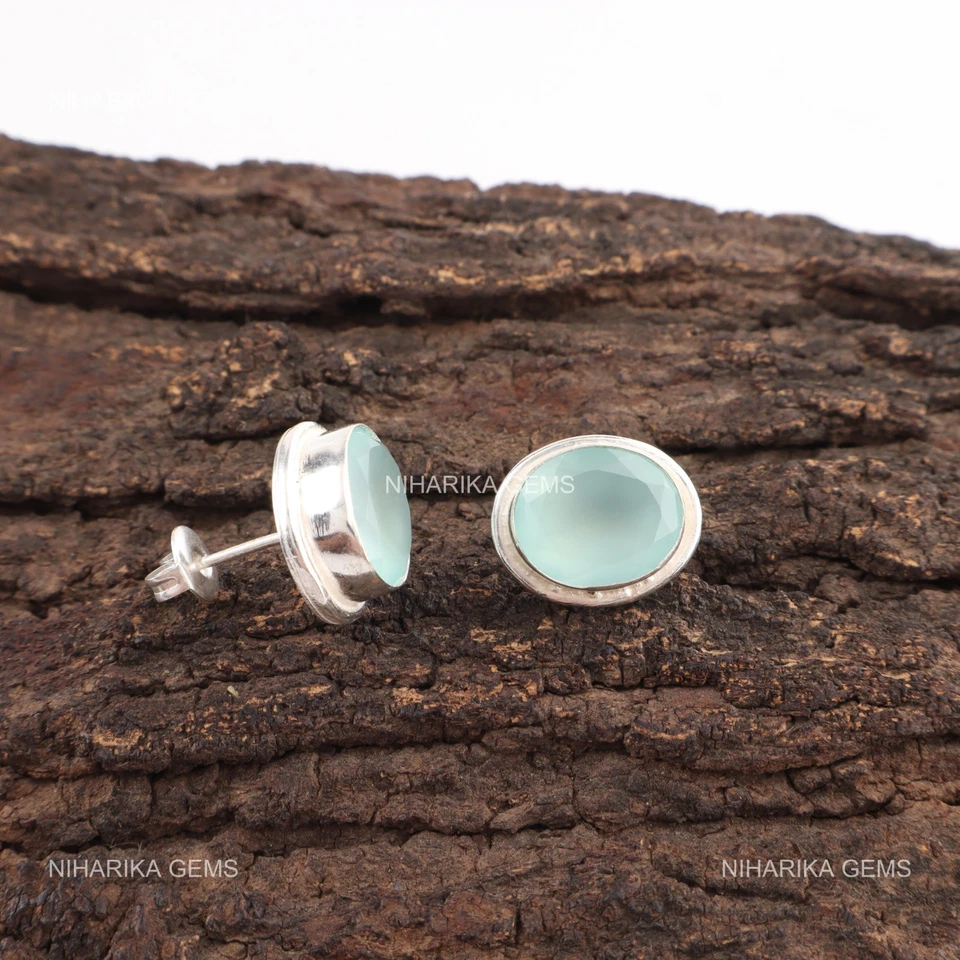 Acqua Calcedonio Gemma Argento Sterling Boho Pendenti Compleanno Wife Orecchini - Immagine 4 di 4