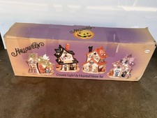 Vintage Halloween Ceramic Light Up Haunted Houses Set Of 4 Ghosts Witch Pumpkin
