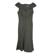 Anthropologie Cecily Dress XS Olive Green Button Front Fit Flare Midi Cap Sleeve