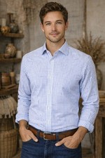 Van Heusen Traveler Stain Shield Stretch Dress Shirt Mens L Slim Fit Blue Check