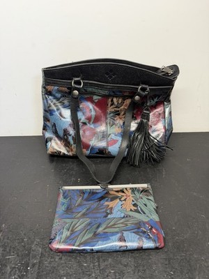 Patricia Nash Poppy Blue Forest Leather Top Zip Tote Purse And Gate Frame Clutch