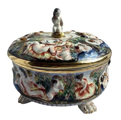 Italy Capodimonte VTG 50s Mythological Footed Bowl Lid 2Pc Set Cherub Gold Bowl