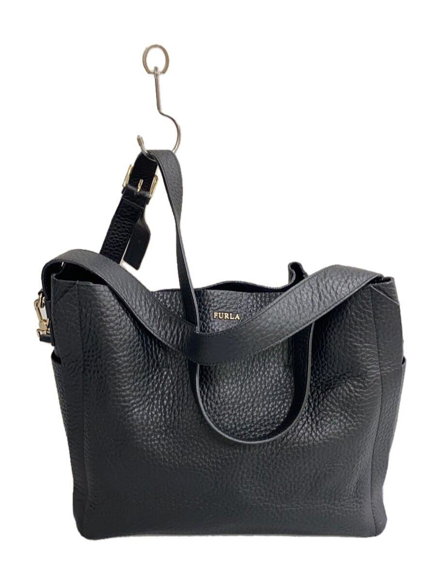 FURLA Shoulder Bag Leather BLK Plain 238705 Used