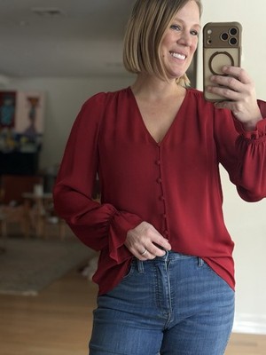 Joie Size Medium Silk V Neck Stunning Red Button-Down Blouse Top Ruffle Sleeve