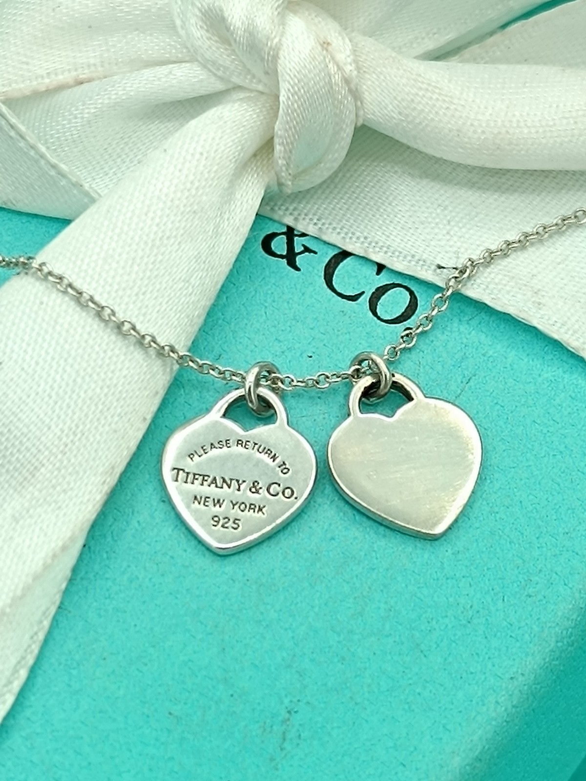 Return To Tiffany & Co Silver Double Mini Hearts Necklace 16" Retail £300+ Tax