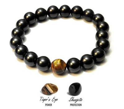 Schungit Armband 8mm Perlen mit Tygerauge Steinperle - Heilung & Schutz