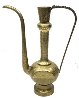 Vintage Etched Brass Aftaba Water Urn Pitcher Middle Eastern Style Ewer