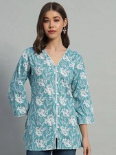 Indian Women Turquoise Blue Cotton Floral Printed Top Tunic Kurta Kurti Dress