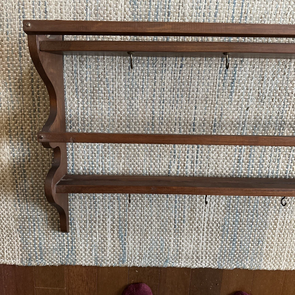 Vtg  Wood Wall Tea Cup/Saucer 2-Tier Display Shelf Knick Knack 14 Cups LOCAL PIC - Image 2 of 4