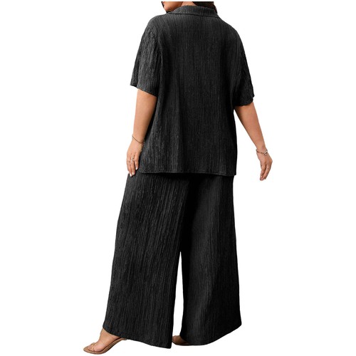 Mujeres Conjuntos Solapa Chándal Pantalones Conjuntos Verano Manga Corta Acanalado Top Suelto - Imagen 9 de 33