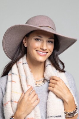 100% Wool Wide Brim Floppy Hat with Metal Beaded Suede Strap 