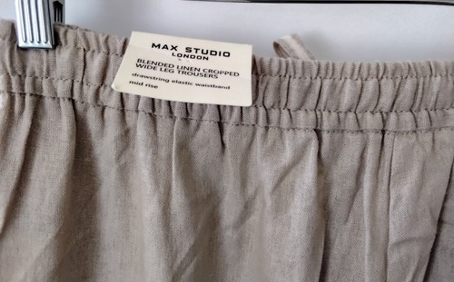 NWT $198 MAX STUDIO Linen Blend Pants L Wide Leg Crop Trousers Elastic Waist Tan - Picture 3 of 13