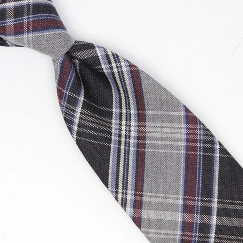 Josiah France Mens Wool Silk Necktie Gray Black Burgundy Plaid Tie Made in Italy