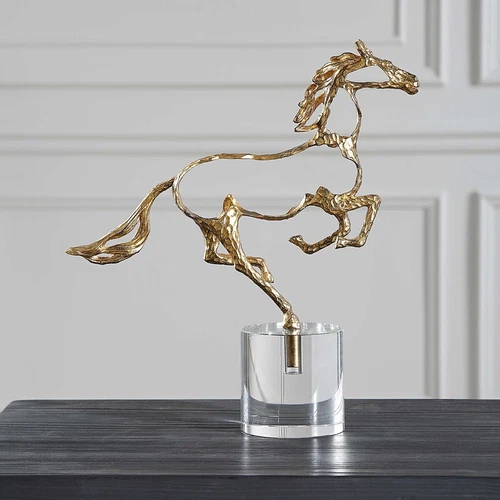 GALLOP METALLIC GOLD & CRYSTAL BASE TABLE TOP STATUE HORSE SCULPTURE 18146 - Picture 2 of 5