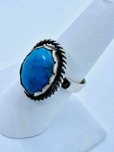 Old Pawn Deep Blue High Grade Natural Turquoise Cabochon Silver Ring - Picture 5 of 11