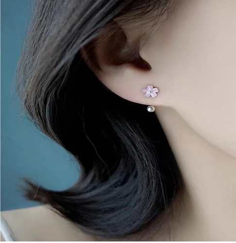 STERLING SILVER 925 PINK ENAMEL PLUMERIA FLOWER CURVED BARBELL STUD EARRINGS F22 - Picture 2 of 2