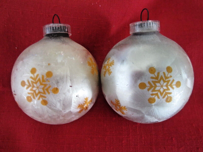 Vintage Lot of 2 GLASS ROUND BALL ORNAMENTS Brushed Silver Gold Snowflake Xmas