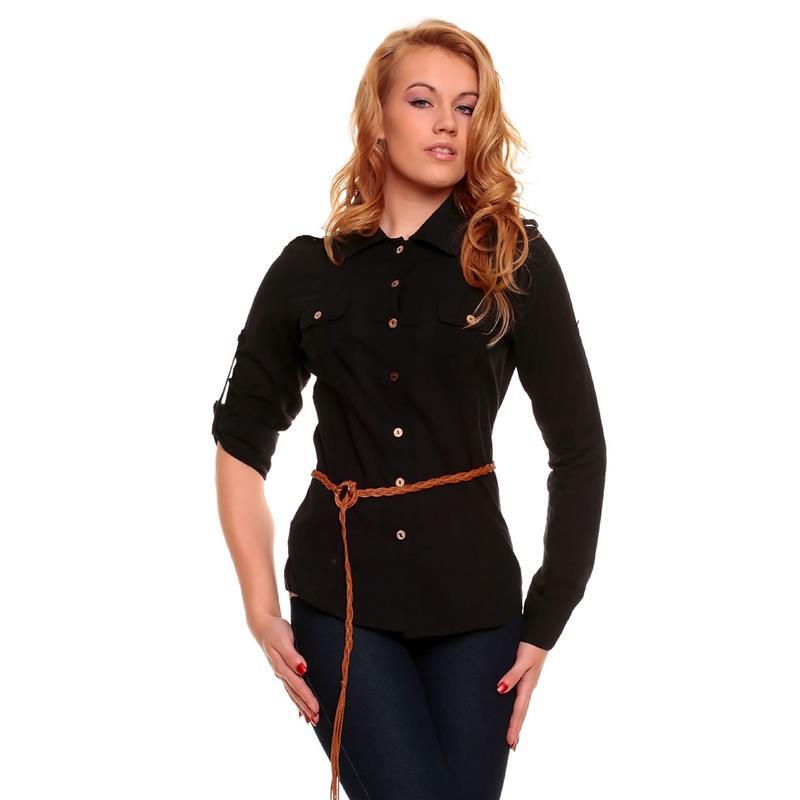 Elegante blusa de manga larga con cinturón trenzado negro #BL092