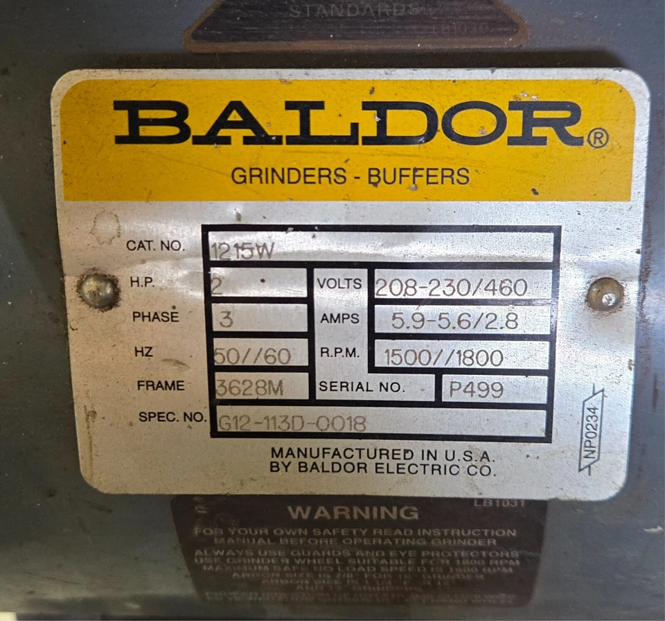 BALDOR 1215W RESISTENTE 12" PEDESTAL AMOLADORA-AMORTIGUADOR H.P. 2 208-230/460 V Foto 2 de 4