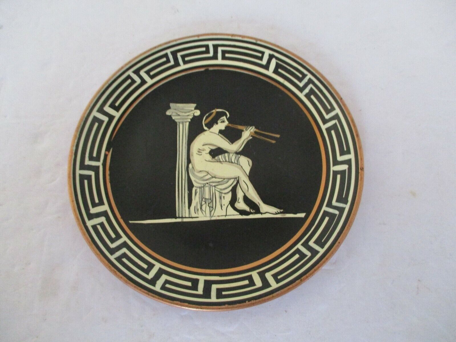 BEAUTIFUL HAND MADE IN GREECE COPPER PLATE GREEK YOUTH PLAYING PIPES