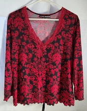 Long-Sleeve Top Blouse Women's Size M by Studio Donatella Fine Knit Red & Black