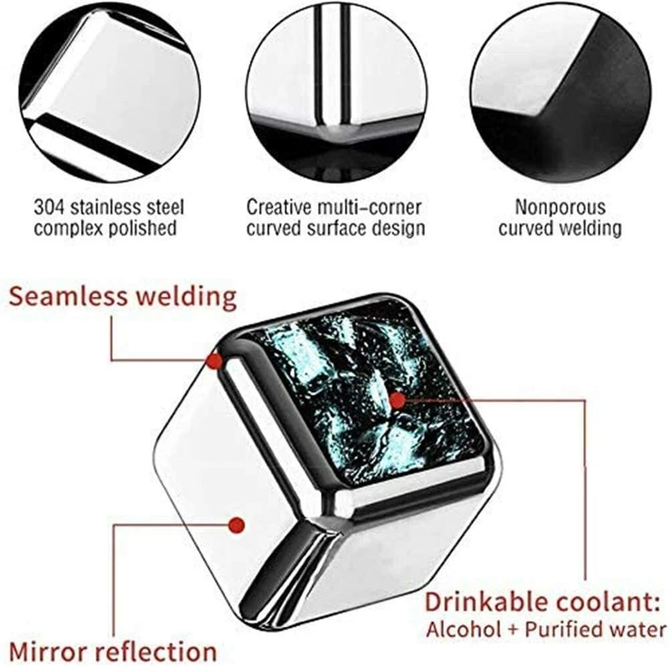 Cubos de gelo de aço inoxidável pedras de resfriamento reutilizáveis para uísque vinho bebida - Imagem 2 de 4