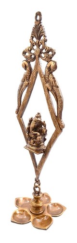 Appendi Murale Di Lord Ganesha 5 Stoppini Olio Lampada Di Bronzo Marrone 40 Cm - Foto 3 di 3