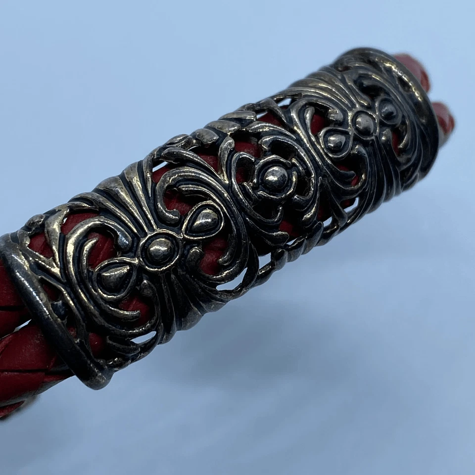 Precioso brazalete Joseph Esposito de cuero rojo y plata de ley - Firmado Foto 3 de 4
