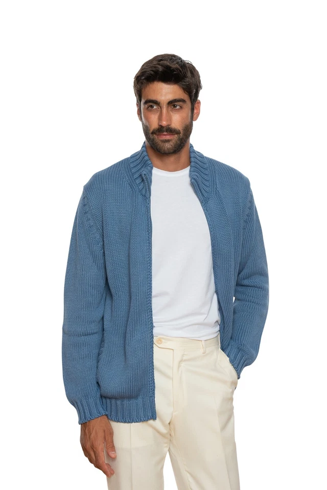 Della Ciana Cashmere Grueso Bomber Cárdigan de Ochos Algodón Grueso Teñido Azul - Imagen 3 de 4