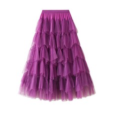 Lady Layered Tulle Skirt Elastic Waist A-line Ruffle Tiered Midi Tutu Skirt Chic