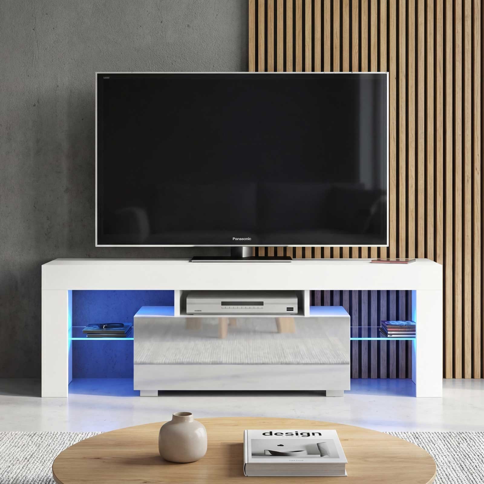 TV Unit Sideboard Cabinet TV Stand White Grey LED Glass Media Storage 130cm