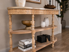 Farmhouse Wood Console Table with Woven Trim