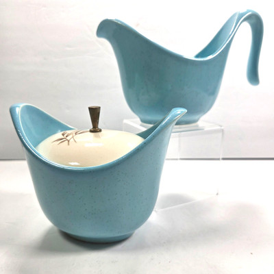 Taylor Smith Taylor Ever Yours Bridal Blue Creamer Sugar Lid Vintage MCM Set