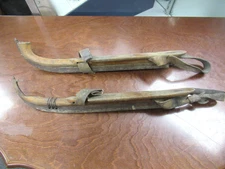 Antique 19th Cent Pair of Wood & Metal Blade Leather Strap Ice Skates Marked JO