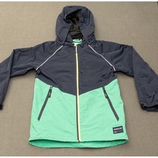 Polarn O. Pyret Kids Shell Jacket Navy Green Colorblock Hooded Size 8-9Y 134