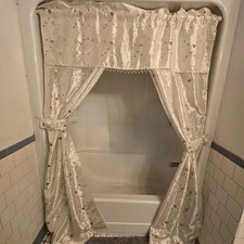 Shower Curtain W/ Valance Tie Backs Floral Beaded Embroidered Cream 85"L