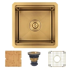 NEW Gold Bar Sink 15" Undermount w/ Cutting Board, Sink Grid, & Drain Assembly