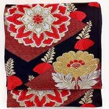 7262 Japanese Vintage Fukuro Obi Belt Kimono Fabric Silk Traditional Black