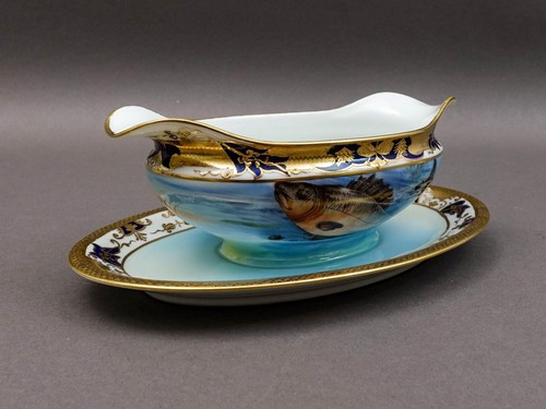 Noritake Japan Hand Painted Fish Trout Gravy Sauce Boat & Attached Underplate - Picture 3 of 10