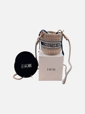 Dior Beauty Mini Straw Cosmetic Bag With Navy Dior Pocket Mirror & Case