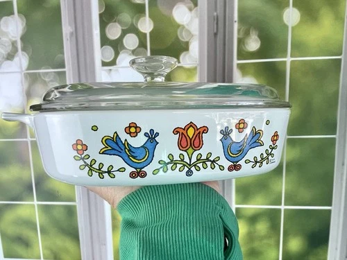 Vintage 1975 Corning Ware Bluebird Baking Dish A-8-B Pyrex Lid Country Festival
