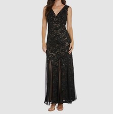 R & M Richards Women's Black Sequin Lace V-Neck Sleeveless Gown Dress Size 12