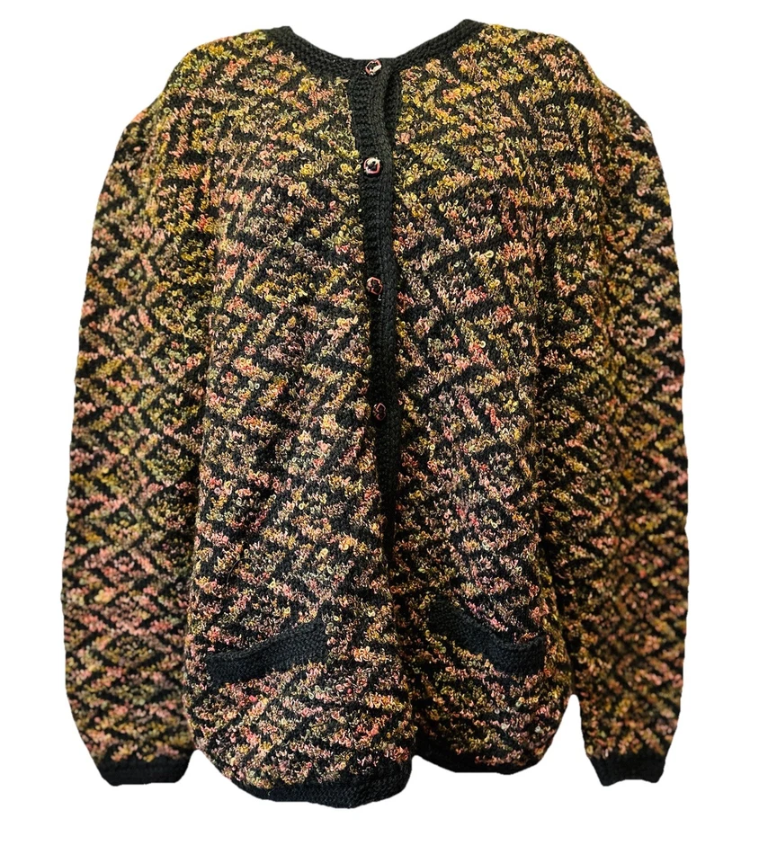 Peruvian Connection Women XL Black Multi Boulce Knit Wool Blend Cardigan Sweater - Image 2 of 4